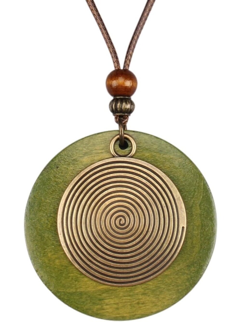 Women's Bohemian Metallic Spiral Medallion Round Green Wood Choker Necklace